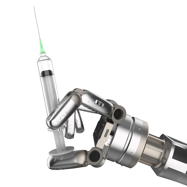 Concept de technologie médicale avec rendu 3d main robotique tenant la seringue isolée sur blanc