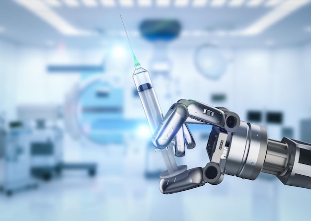 Concept de technologie médicale avec rendu 3d main robotique tenant la seringue en laboratoire