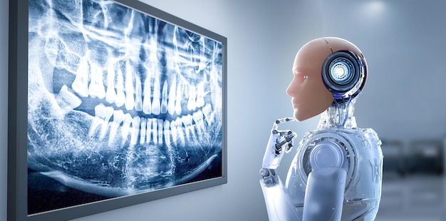 Concept de technologie médicale avec robot de peau artificielle analysant la tomographie des dents aux rayons X