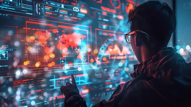 Concept de technologie numérique futuriste: un homme utilisant un ordinateur moderne dans le métavers NFT