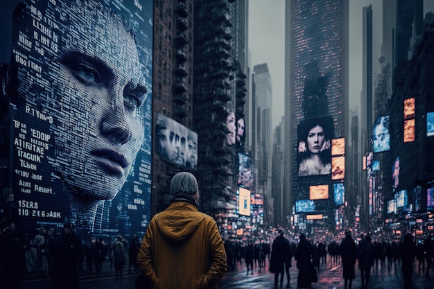 Concept de technologie de reconnaissance faciale de données volumineuses et de sécurité dans la ville Illustration de l'IA générative