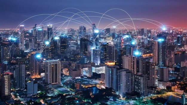 Le concept de technologie de réseau et de connexion intelligents avec la ville de Bangkok la nuit en Thaïlande panorama vi