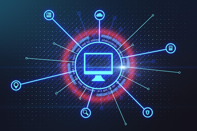 Concept de technologie de stockage en ligne et de cloud computing avec icône d'ordinateur numérique dans un cercle technologique entouré d'icônes sociales Internet sur fond sombre