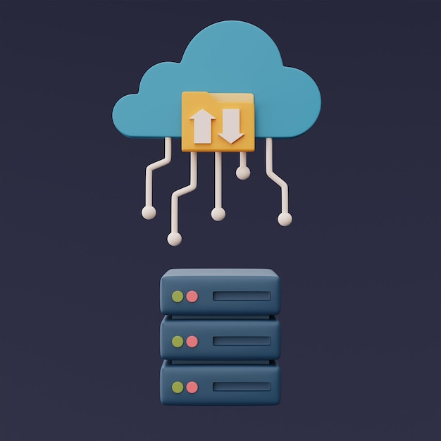 Photo concept de technologie de stockage en nuage avec racks de serveurs et symbole de nuage bleubase de données en lignetransfert d'informations de donnéesstyle minimalrendu 3dxa