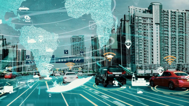 Photo concept de technologie de transport intelligent pour le trafic automobile futur sur une nouvelle route urbaine