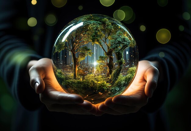 Concept de technologie verte futuriste boule de cristal avec circuit imprimé au milieu de la nature