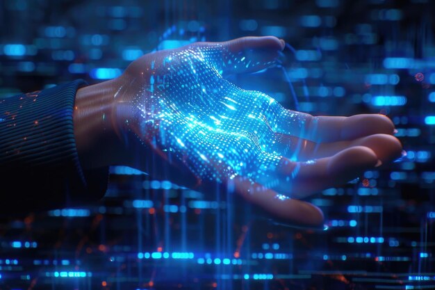 Concept technologique d'hologramme futuriste avec la paume de l'homme