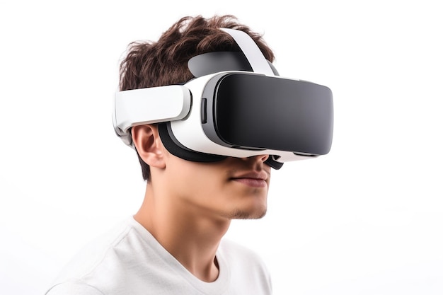 concept technologique jeune homme utilisant un casque VR et des contrôleurs sur fond blanc IA générative