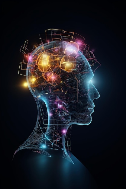 Concept technologique d'une tête et d'un cerveau d'intelligence artificielle de haute technologie futuriste