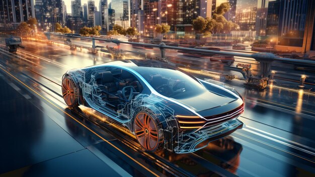 Concept technologique de voiture futuriste avec illustration 3D de l'intersection de wireframe