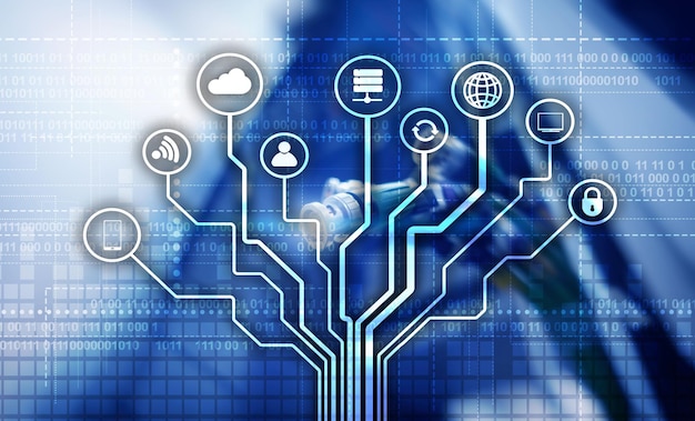 Concept de télécommunication Code binaire sur fond de grand centre de données Fond d'écran technologique