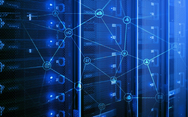 Concept de télécommunication avec structure de réseau abstraite et arrière-plan de la salle des serveurs