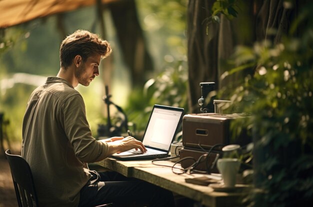 Photo concept de télétravail pour les hommes d'affaires en plein air