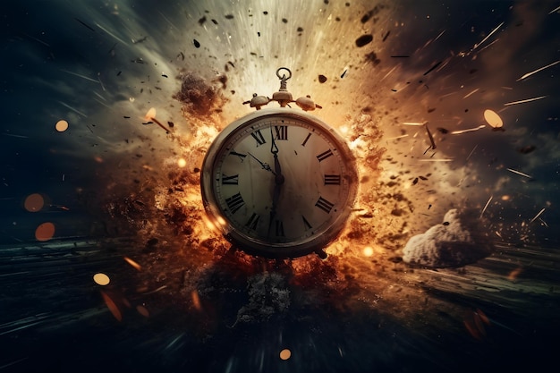 Concept de temps avec une montre de poche vintage et une explosion