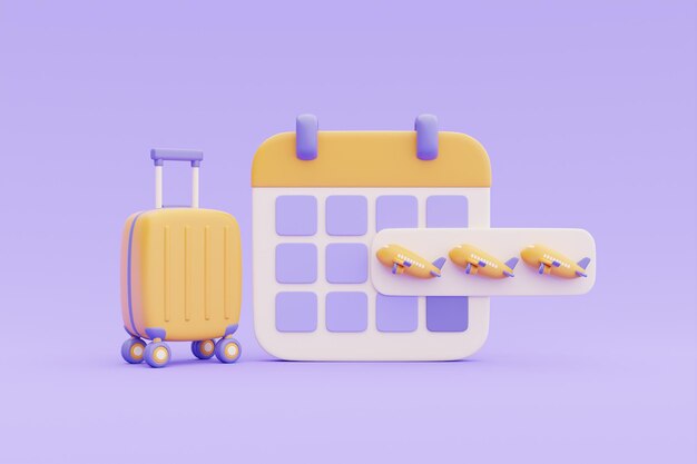 Concept de temps de voyage Réservation de billets d'avion en ligne avec calendrier et valise rendu 3d