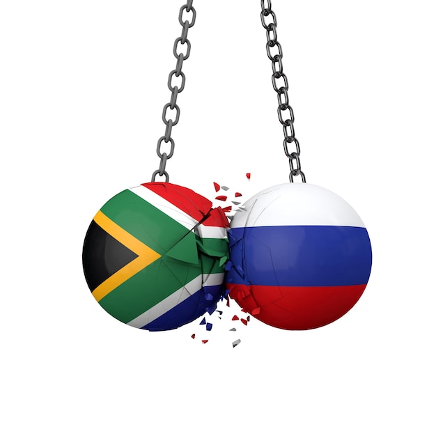 Concept de tensions politiques entre la russie et l'afrique du sud drapeau national des boulets de démolition se brisent ensemble d ren