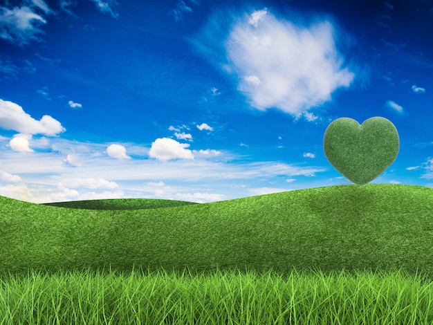 Concept de terre d'amour avec arbre en forme de coeur rendu 3d, champ vert et ciel bleu