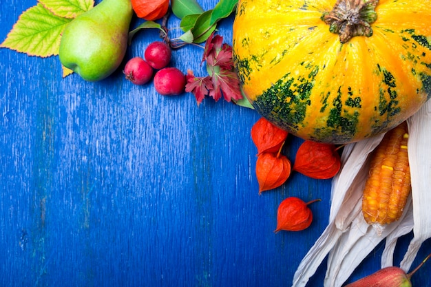 Photo concept de thanksgiving avec des fruits et des courges d'automne