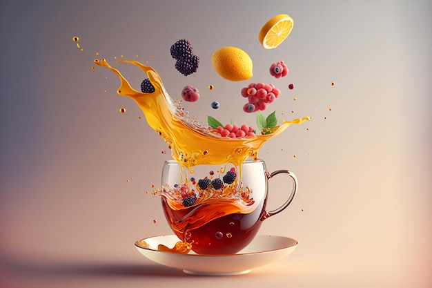 Concept de thé magique effet de lévitation Ingrédients volants pour tisane au miel et aux baies Thé dans une tasse de thé en verre transparent lévitation Image générée par l'IA