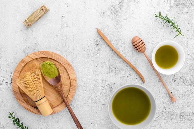 Concept de thé matcha vue de dessus sur la table