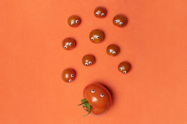 Concept de tomates cerises avec espace de copie. Grosse tomate serre aux yeux