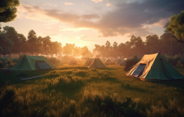 Concept de tourisme Aube dans une forêt brumeuse avec une tente solitaire L'homme vit dans la forêt