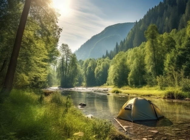 Concept de tourisme Aube dans une forêt brumeuse avec une tente solitaire L'homme vit dans la forêt