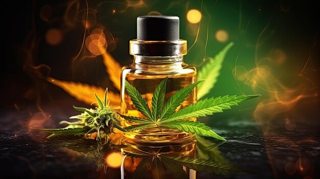 Concept de traitement du cannabis huile de beauté et feuille de cannabis en bouteille en laboratoire gros plan utilisation médicinale du concept d'huiles de cannabis