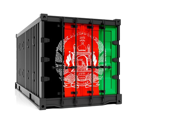 Le concept de transport de conteneurs d'exportation et d'importation de l'Afghanistan et de la livraison nationale de marchandises Le conteneur de transport avec le drapeau national de l'Afghanistan vue de face