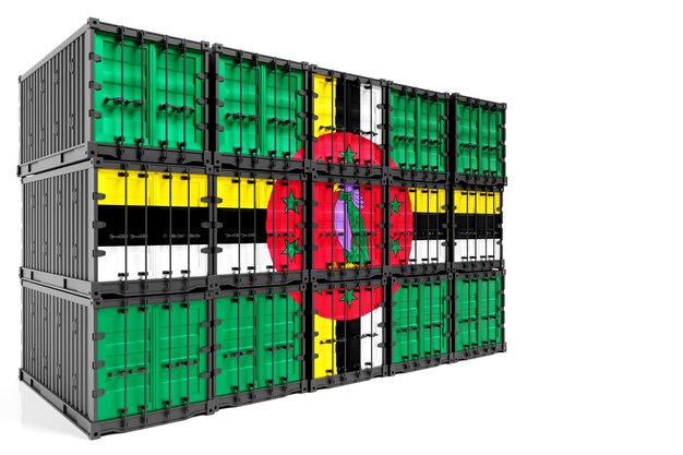 Le concept de transport de conteneurs exportimport de la Dominique et de livraison nationale de marchandises Conteneur d'illustration 3D avec le drapeau national de la Dominique vue avant