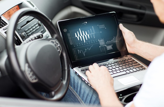 concept de transport et de véhicule - homme utilisant un ordinateur portable en voiture