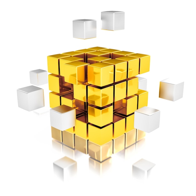 Concept de travail d'équipe cubes métalliques assemblés en un or