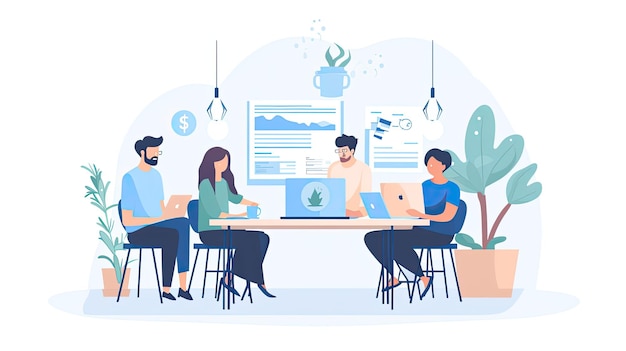 Concept de travail d’équipe : des personnes travaillent au bureau. Illustration vectorielle en style dessin animé