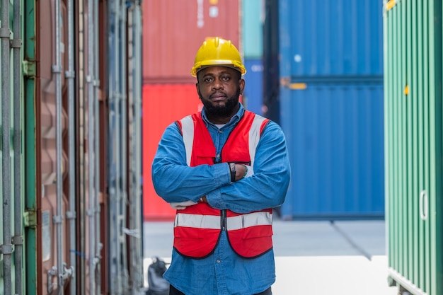 Concept de travailleur afro-américain Travailleur afro-américain travaillant dans des conteneurs d'entrepôt pour l'import-export logistique