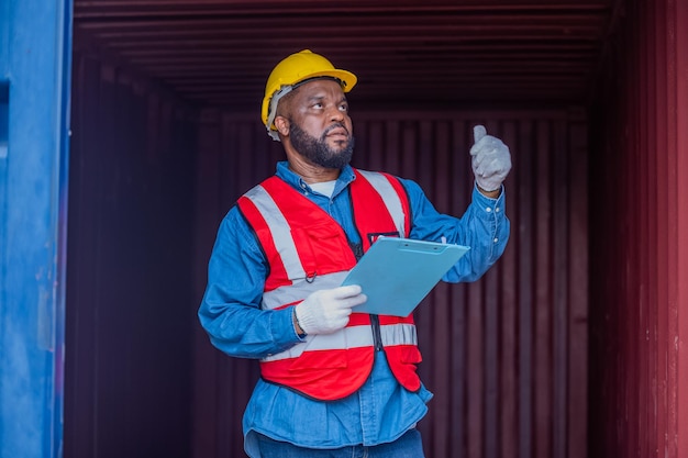 Concept de travailleur afro-américain Travailleur afro-américain travaillant dans des conteneurs d'entrepôt pour l'import-export logistique