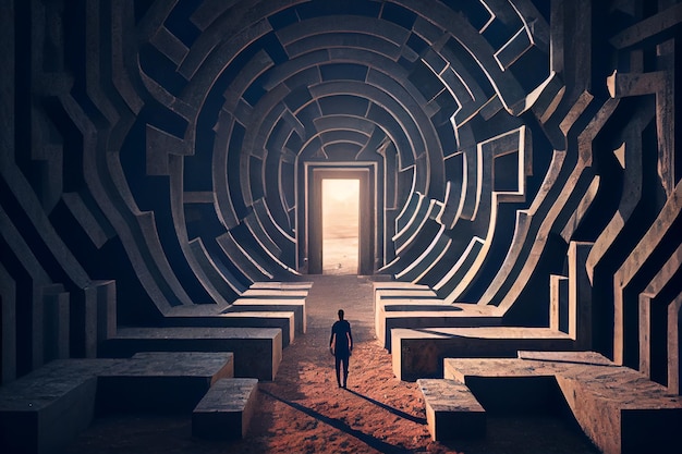 Concept de trouver le bon choix dans la vie L'homme dans le labyrinthe cherche la sortie Figure de l'homme dans le labyrinthe Generative AI
