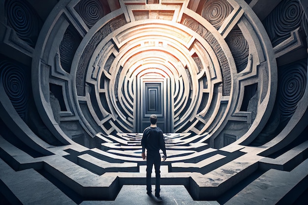 Concept de trouver le bon choix dans la vie L'homme dans le labyrinthe cherche la sortie Figure de l'homme dans le labyrinthe Generative AI