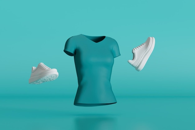 Le concept de tshirt turquoise sportswear élégant et baskets blanches sur fond turquoise