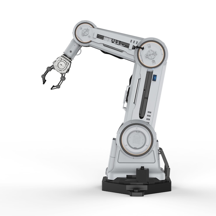 Photo concept d'usine d'automatisation avec bras robotique de rendu 3d