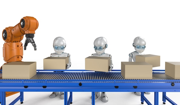 Concept d'usine d'automatisation avec robot de rendu 3d avec des boîtes sur la ligne de convoyeur en usine