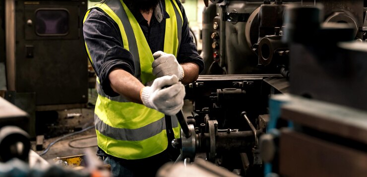 Concept d'usine industrielle. Technicien en ingénierie ou ouvrier opérant et entretenant des machines.