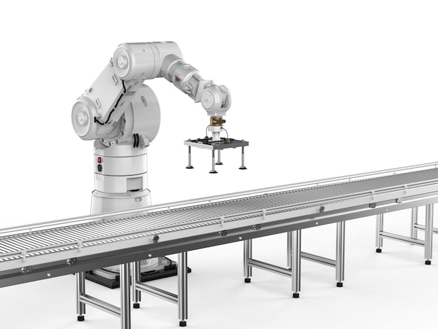 Photo concept d'usine intelligente avec bras robotisés et ligne de convoyage vide
