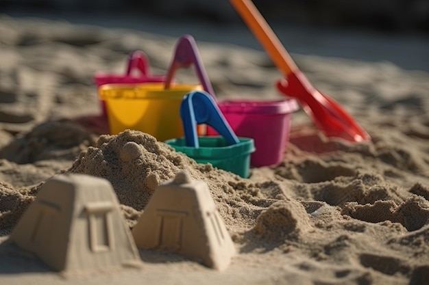 Concept de vacances avec château de sable au bord de la mer et jouets de plage en plastique gros plan illustration ai générative