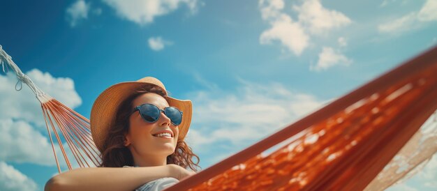 Photo concept de vacances détente plage ciel bleu avec femme dans un hamac