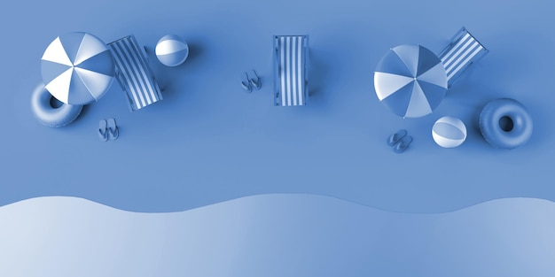 Concept de vacances d'été avec des chaises longues, des parasols, des tongs et des flotteurs au bord de la mer Copiez l'illustration 3D de l'espace