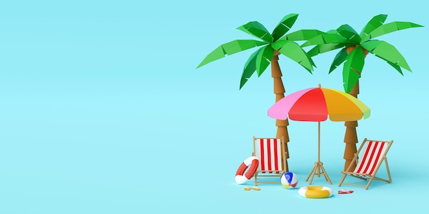 Concept de vacances d'été, parasol, chaises et accessoires sous palmier sur fond bleu, illustration 3d