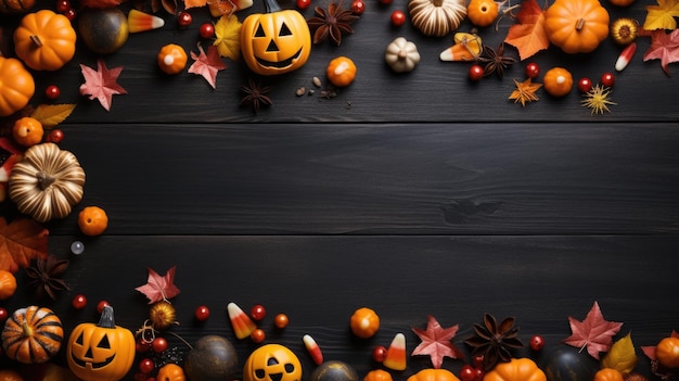Concept de vacances d'Halloween heureux Décorations d'Halloween sur fond de bois foncé Mise à plat Vue de dessus