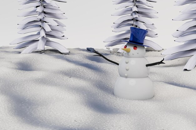 Concept de vacances d'hiver sapin et bonhomme de neige dans les congères rendu 3d