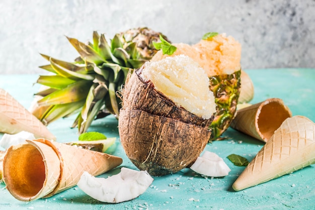concept de vacances de vacances, définir divers sorbets de crème glacée tropicale, jus congelés à l'ananas, au pamplemousse et à la noix de coco