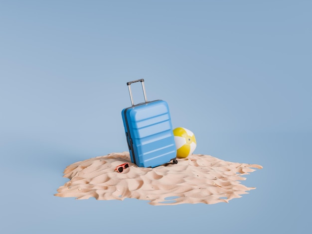 Concept de vacances avec valise bleue et balle de plage sur un tas de sable